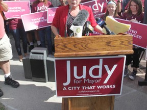 Judy Wasylycia-Leis spoke to media in front of her campaign headquarters on Tuesday. (Chris Procaylo/Winnipeg Sun)