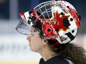 Team Canada goaltender Shannon Szabados practices with the Edmonton Oilers at Rexall Place in Edmonton, Alta., on Wednesday, March 5, 2014. Szabados was part of the gold medal winning women's hockey team at the Sochi 2014 Winter Olympics in February. Ian Kucerak/Edmonton Sun