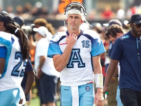 Quarterback Ricky Ray paces the sidelines in the fourth quarter of the Labour Day loss to the Hamilton Tiger-Cats. (Fred Thornhill/Thornhill)