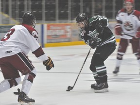 Waylon Petkau carries the puck during the Terriers rookie game against Virden Sept. 2. (Kevin Hirschfield/The Graphic)