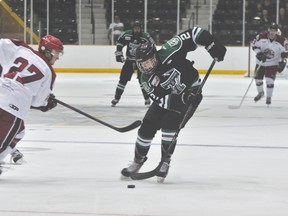 Portager Dean Stewart makes a move during the Terriers rookie game against Virden Sept. 2. (Kevin Hirschfield/The Graphic)