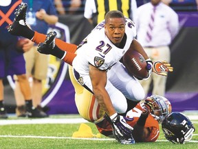 Baltimore Ravens’ Ray Rice will miss two regular-season games after an ugly domestic abuse incident. (GETTY IMAGES/AFP)