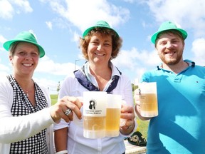 Gino Donato/The Sudbury Star
Northern Lights Festival Boreal launched its 1st Oktoberfest on Tuesday. The event will take place on Oct. 3 and 4 at Bell Park. From left are Birgit Pianosi, chair of the Germany Language School, German language teacher Jenny (Sachsalber) Moutsatsos, and NLFB executive director Max Merrifield.
