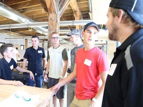 Gino Donato/The Sudbury Star   
The Laurentian University School of Architecture welcomed 71 first-year students with a barbecue on Tuesday afternoon. From the left are Henry Dyck, Jacob Riehl, Shayne Bol, Bryce Jaekel, Andrew Hrycusko and Matthew Hunter.