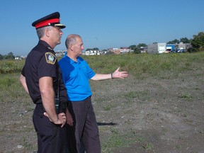 St. Thomas Police Chief Darryl Pinnell and Ald. Dave Warden, chairman of the police building committee, at the site of the new police headquarters on city-owned land adjacent to the Timken Centre.