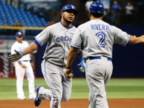 Toronto Blue Jays first baseman Edwin Encarnacion celebrates a hone run against the Tampa Bay Rays with third base coach Luis Rivera at Tropicana Field in St. Petersburg, Fla., Sept. 3, 2014. (KIM KLEMENT/USA Today)