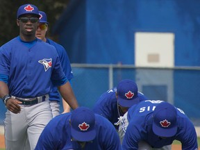 Jonathan Davis,  seen here at the Blue Jays rookie camp at Dunedin in March, recently returned to class-A Vancouver after recovering from a broken hand. (Samuel Friedman, Centennial College Observer)