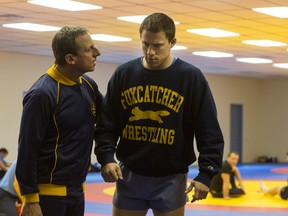 Foxcatcher stars Steve Carell (left) and Channing Tatum (right).