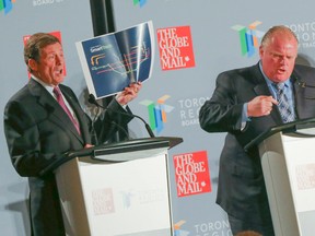 Mayoral candidates John Tory and Rob Ford take parted in a debate at the Toronto Regional Board of Trade. Olivia Chow and David Soknacki, not pictured, also took part. (DAVE THOMAS/Toronto Sun)