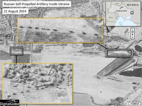 A satellite photo showing Russian artillery inside Ukraine. (NATO)