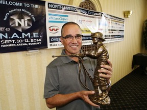 JOHN LAPPA/THE SUDBURY STAR
Georges Denomme, of Boart Longyear, holds a trophy that will be handed out at the jackleg competition at the North America Mining Expo at the Hanmer Arena on Sept. 10-11.