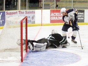 Veteran players like Austin Hunter (19) are going to have to step up and shoulder more of the load this year as the Saints will be icing quite a young team, at least to start the new AJHL season. - Gord Montgomery, Reporter/Examiner