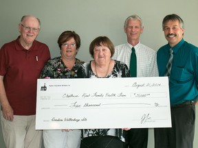 The Wallaceburg site of the Chatham-Kent Family Health Team received a $5,000 donation from Jim & Betty Myers owners of Myers Insurance.  On hand to receive the cheque were, left to right, Bob Fletcher, chair of the Chatham-Kent Family Health Team; Doreen Yacks, reception, Chatham-Kent Family Health Team (Wallaceburg Site); doctor Emer Dudley, Chatham-Kent Family Health Team (Wallaceburg Site); Jim Myers, Myers Insurance; and Robert Watson, vice-chair of the Chatham-Kent Family Health Team. The Wallaceburg Site of the Chatham-Kent Family Health Team is continuing to work towards their goal of raising $200,000 to pay for the renovations needed to accommodate two new doctors. The Wallaceburg Site of the Chatham-Kent Family Health Team, services people from Wallaceburg, Walpole Island, rural Chatham-Kent, Port Lambton and the surrounding areas. Currently, they have raised approximately $100,000 and still they need to raise another $100,000 to reach their obligations. Donations can be made in person at the Wallaceburg Site of the Chatham-Kent Family Health Team. Donations over $10 will receive a charitable receipt.