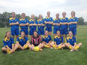The Sarnia Spirit U16 Soccer Team recently  won the WOYSL U16 League  Championship and now have the opportunity to be promoted to the Ontario 
Soccer Youth League -L1 which includes the top 12 U16 soccer teams in Ontario. Left to right in the photo are (standing) Cassie Forte, Kristy Hodgins, Daphne Hibma, Chloe Kennedy, 
Kyleigh Arthur, Katie Barwitzki, Emma Colman, Alexa Vanhoorn, (sitting) Kelly Hodgins, Claire Vandeneynde, Cassidy Edlington, Kate Brady, Rayne Kellier, Lauren Shaw. Missing are Raegan Hayter and Sophie McKelvie. (SUBMITTED PHOTO)