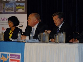 The four main candidates for mayor, (left-right) Olivia Chow, Rob Ford, John Tory and David Soknacki, take part in the Canadian Association of Retired People debate on Sept. 5, 2014 in Etobicoke. (Shawn Jeffords/Toronto Sun)