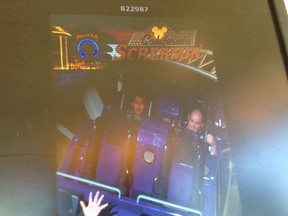 Cam and grandson Nicholas on California Screamin’ at Disneyland. (SUPPLIED)