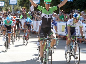 Theo Bos cross the finish line for Stage 4 of the Tour of Alberta in Sherwood Park, in Edmonton Alta., on Saturday Sept. 6, 2014 David Bloom/Edmonton Sun/QMI Agency