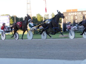 Heza Workof Art and driver Alex Lilley, number nine, lead Colorado Buck  and driver Alfie Carroll, number three, and Cavalry Seelster and driver Peter Hamilton in one of the last races of the season at Hiawatha Horse Park. The Sarnia track wrapped up its 21-race-date season Saturday. Carroll and Colorado Buck won this race. TYLER KULA/ THE OBSERVER/ QMI AGENCY