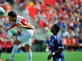 Fury FC defender Ramon Soria heads the ball out of the Ottawa zone during Sunday’s match against the Carolina RailHawks at TD Place. DEAN JONCAS/OTTAWA SUN