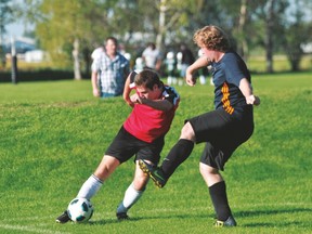 Braden Nicoll of Portage United pressures a defender during a United loss to Forza-WSP Sept. 7. (Kevin Hirschfield/The Graphic)