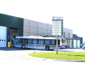Gino Donato/The Sudbury Star
A Greater Sudbury Transit bus pulls into the garage at the transit and fleet services building on Lorne Street.