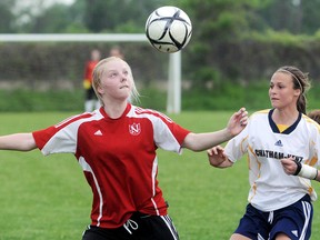 Northern Vikings' Madison Huzevka, left, and Chatham-Kent Golden Hawks' Rayne Kellier watch the ball in the first half of the SWOSSAA 'AAA' girls soccer semifinal Tuesday, May 27, 2014, at the Chatham-Kent Community Athletic Complex in Chatham, Ont.
MARK MALONE/ THE CHATHAM DAILY NEWS/ QMI AGENCY