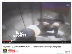 A TMZ screen grab shows Ray Rice removing he fiance's limp body from an elevator after the NFLer knocked her out.