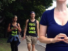 Carleton University says it's investigating after Carleton students wore shirts with "inappropriate wording" appearing to mock a "safe space" program at an off-campus event.(twitpic from Leslie Robertson)
