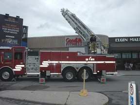 St. Thomas firefighters inspected the roof above the food court at Elgin Mall Saturday morning and found a sag area, possibly due to the heavy rain Friday. The mall was evacuated around 9:30 a.m. when portions of the interior ceiling began to sag and give way. (Ian McCallum, Times-Journal)