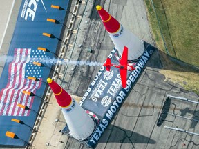 Pete McLeod of Canada performs during the finals for the sixth stage of the Red Bull Air Race World Championship at the Texas Motor Speedway in Fort Worth, Texas, United States on September 7, 2014.
Garth Milan/RBAR Championship Series