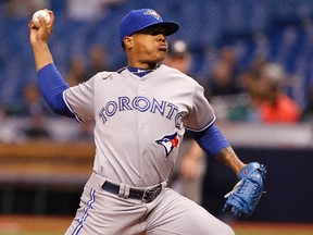 Sep 3, 2014; St. Petersburg, FL, USA; Toronto Blue Jays starting pitcher Marcus Stroman (54) throws a pitch during the second inning against the Tampa Bay Rays at Tropicana Field. (Kim Klement-USA TODAY Sports)