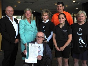 Carol Muligan/The Sudbury Star
Jim Christison (left), former mayor Marianne Matichuk, Lou Fine, Estelle Joliat, Joe McGibbon, Melanie-Rose Frappier of Ecole secondaire Sacre Coeur and Fran Summerhill all look forward to Sunday's Terry Fox Run in this file photo. Lou Fine died last week.