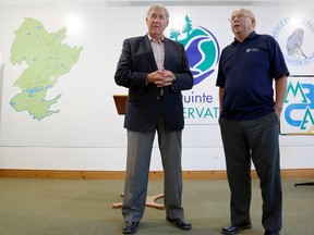 Quinte Conservation general manager Terry Murphy, right, speaks about the Bay of Quinte following a funding announcement by MP Daryl Kramp, Monday. 
Emily Mountney-Lessard/The Intelligencer