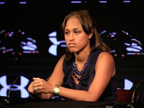 Janay Rice, the wife of running back Ray Rice of the Baltimore Ravens (not pictured), looks on during a news conference at the Ravens training center on May 23, 2014 in Owings Mills, Maryland. (AFP)