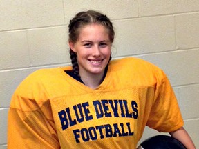 Lilia-Rae Mahan is a defensive back for Edmonton's Eastglen Blue Devils and hopes to take the things she learns from the game and apply it to the trades after high school. (PHOTO SUPPLIED)