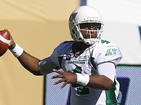 Saskatchewan Roughriders QB Darian Durant throws a pass against the Winnipeg Blue Bombers during CFL action in the Banjo Bowl at Investors Group Field in Winnipeg, Man., on Sun., Sept. 7,2014. (Kevin King/Winnipeg Sun/QMI Agency)