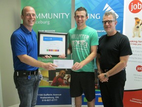 Kevin Kellett was awarded with the Community Living Wallaceburg’s Family Scholarship earlier this month. A graduate of Wallaceburg District Secondary School, Kellett was presented with a certificate and $1,000 by agency president Derek McGivern and executive director David Katzman. In addition to achieving high marks and participating in high school athletics at WDSS, Kellett has been active in his community, volunteering his time with the Salvation Army’s Kettle Campaign and Community Living Wallaceburg’s Box Lunch and Golf Classic fundraisers. He has enrolled in the Child and Youth Worker program at Fanshawe College in London with the goal of assisting young people. The scholarship, created in 2006 to honour the outstanding commitment by agency staff in supporting individuals with an intellectual disability, is awarded on the basis of academic excellence, service to the community and demonstration of leadership skills. The scholarship is presented each year to an eligible child or grandchild of an agency staff member who is entering post secondary school. Applicants are required to write an essay that describes their values and experiences as they relate to the agency’s mission statement of enabling people to realize their potential and choices within inclusive communities.