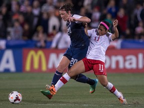 USA forward Abby Wambach (20) battles for the ball with Canada midfielder -- and Winnipeg native -- Desiree Scott (11) during a match earlier this year. Tickets for the Women's World Cup in Winnipeg go on sale Wednesday. (Jerome Miron-USA TODAY Sports file photo)