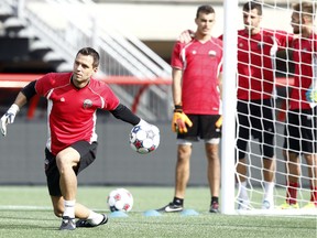 Ottawa Fury FC goalkeeper Romuald Peiser trains at TD Place Tuesday. Peiser played his best match as a member of Fury Sunday in a 2-2 draw with Carolina and says he has enjoyed his first couple months in Ottawa. (Chris Hofley/Ottawa Sun)
