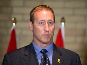 Justice Minister Peter MacKay speaks to the media before meeting with local community leaders for a roundtable discussion about criminal justice legislation at the Delta Armouries in London, Ontario on August 13, 2014. (CRAIG GLOVER/QMI Agency)