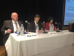 Mayor Rob Ford, John Tory and Olivia Chow waiting for the debate to start on Tuesday, Sept. 9, 2014. (Don Peat/Toronto Sun)
