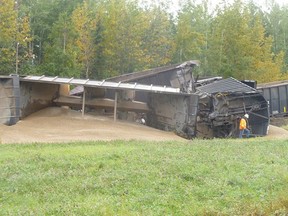 Nobody was injured after eight cars of an eastbound freight train derailed east of Whitecourt, Alberta. Four of the cars tipped over, spilling their loads of gravel on the ground. CN Spokesperson Emily Hamer confirmed that no hazardous materials were involved. Chance Hansen photo | Submitted