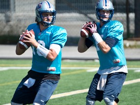 Jonathan Crompton, left, shown here in practice with the Alouettes, has assumed the starter's role in Montreal. (Martin Chevalier, QMI Agency)