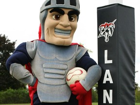 Lanny the Lancer, the new Loyalist College mascot, helps usher in the 2014 OCAA women's soccer season. (Loyalist College photo)