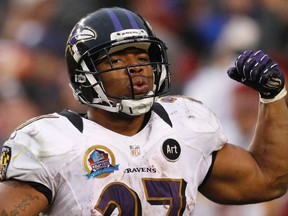 Baltimore Ravens running back Ray Rice celebrates his touchdown against the Washington Redskins in the second half of their NFL football game in Landover, Maryland in this December 9, 2012 file photo. The Ravens announced September 8, 2014 the team has terminated its contract with Rice after a video surfaced that appears to show Rice striking his then-fiance inside an elevator at an Atlantic City, New Jersey casino in February.  (REUTERS)