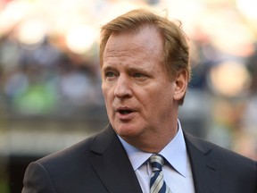 NFL commissioner Roger Goodell walks the sidelines before the Seahawks take on the Packers in Seattle on Sept. 6, 2014. Goodell has been under fire over the Ray Rice incident. (Kyle Terada/USA TODAY Sports)