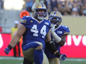 Winnipeg Blue Bombers DT Zach Anderson (44) celebrates a sack with LB Abraham Kromah during CFL action against the Saskatchewan Roughriders in the Banjo Bowl at Investors Group Field in Winnipeg, Man., on Sun., Sept. 7, 2014.