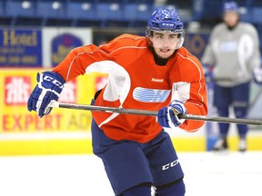 Sudbury Wolves newest member Brody Milne, skates hard during team practice on Wednesday afternoon, the Wolves face the Barrie Colts tonight.