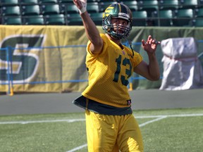 Mike Reilly, shown here at practice Sept. 3, has been taking most of the repetitions in practice this week and says his status as starter on Friday depends on whether his thumb is in pain Thursday morning. (Perry Mah, Edmonton Sun)
