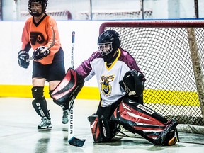 Araina Gillis tends goal for the Withrow Park Knights ladies ball hockey team that will compete in the World Cup in Tampa. (Heather Pollock photo)